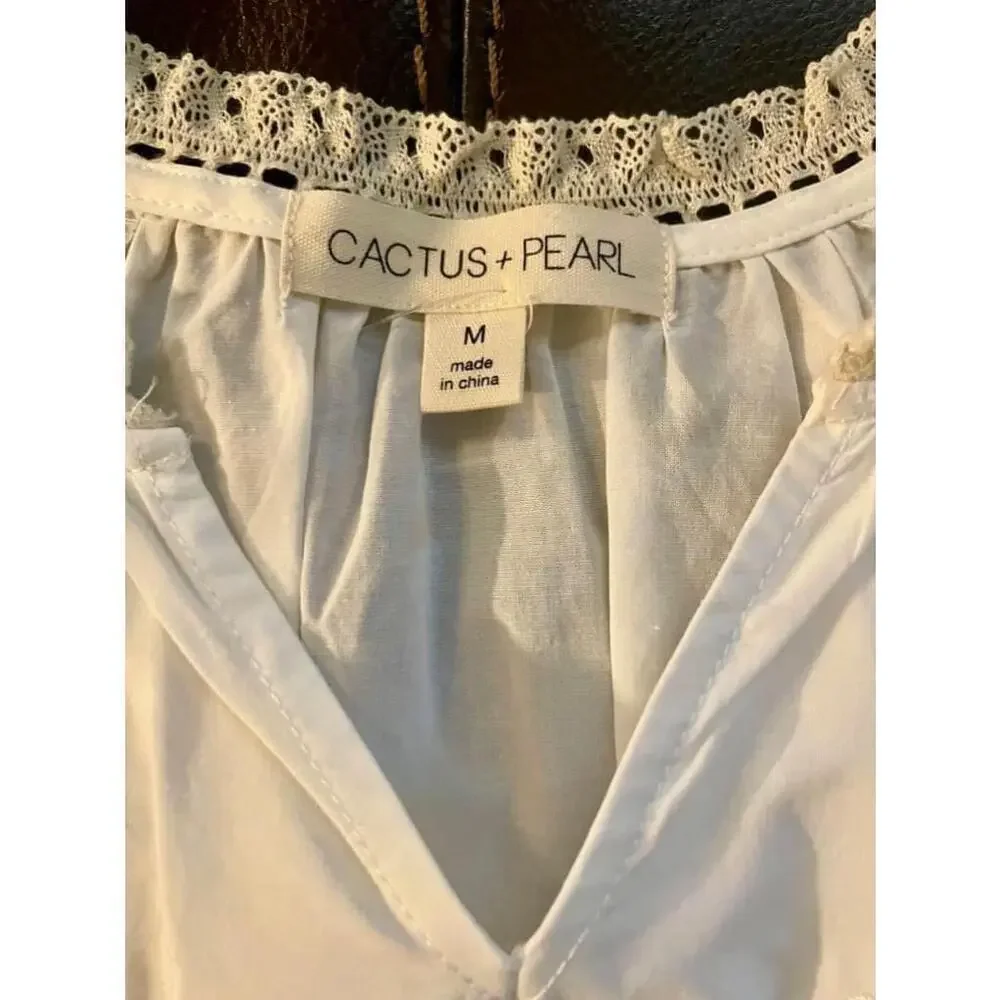 Size M White Cotton Women's Cactus + Pearl Embroidered Peasant Top - Picture 3 of 9